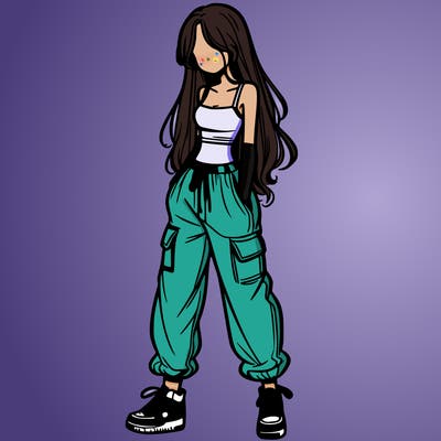 girl in baggy pants crop top and long hair