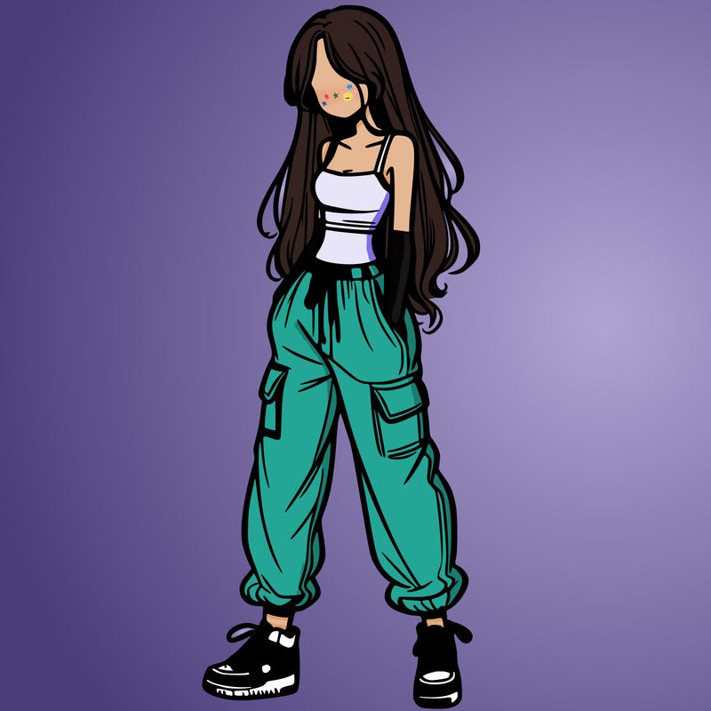 girl in baggy pants crop top and long hair