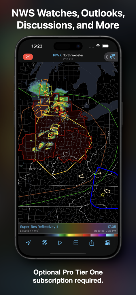 RadarScope app interface displaying National Weather Service watches and outlooks on a high resolution radar map