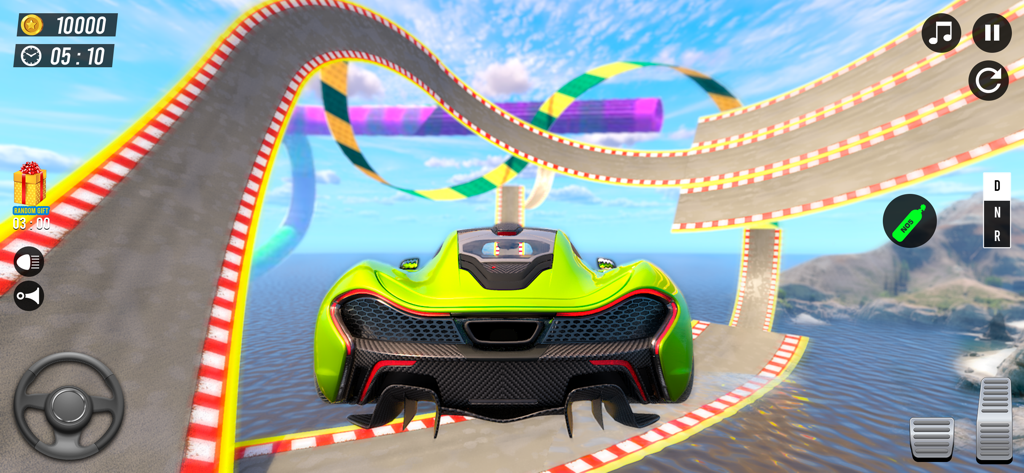 Car Stunt simulator Master 3D - A lime green sports car driving on a massive aerial mega ramp stunt track over the ocean in a 3D racing simulator.