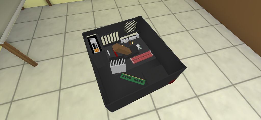 Una vista 3D dentro de una caja de computadora abierta que muestra varios componentes de hardware siendo ensamblados en el juego PC Simulator