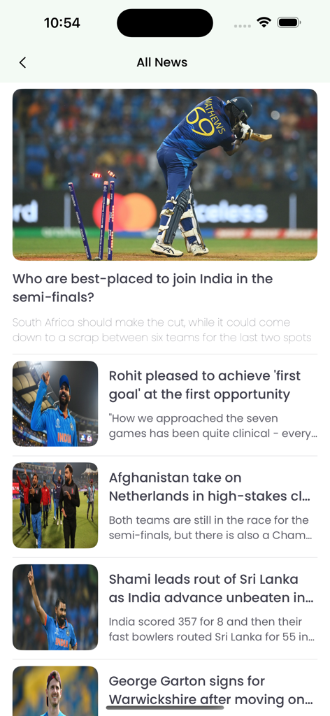 Cricket news feed showing headlines and match updates on the app screen