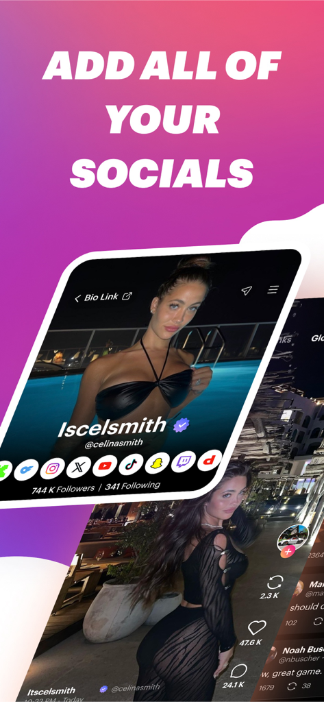 사용자 프로필과 '모든 소셜 추가' 텍스트 아래 여러 소셜 미디어 플랫폼 아이콘이 있는 Linkme 앱 인터페이스를 보여주는 모바일 화면