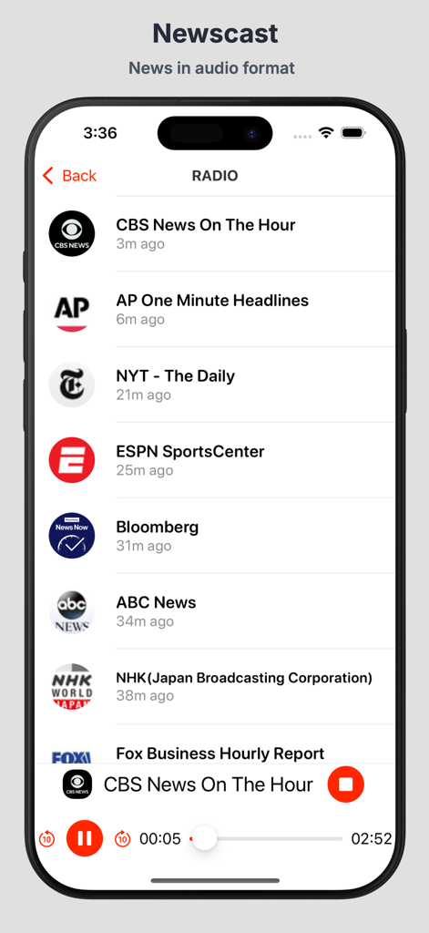 Breaking News - Audio news player interface in the Breaking News app showing radio news sources like CBS, AP, and the New York Times.