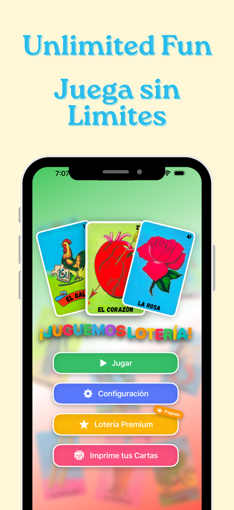 Loteria Mexicana Digital - Loteria Mexicana Digital app main menu screen featuring traditional lottery cards and game options like play and settings.