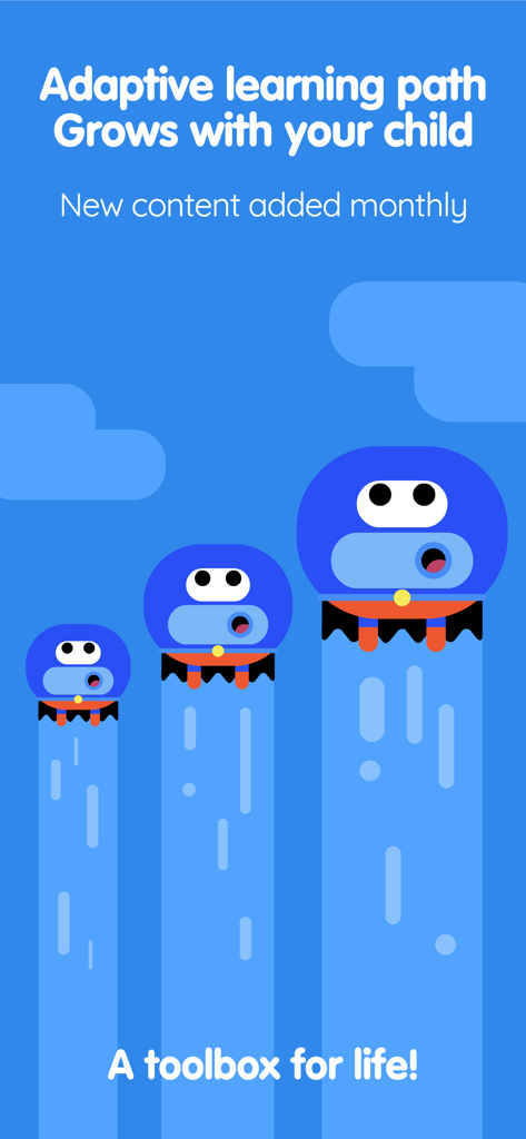 Three blue Thinkrolls characters of increasing size illustrating the adaptive learning path that grows with the child.