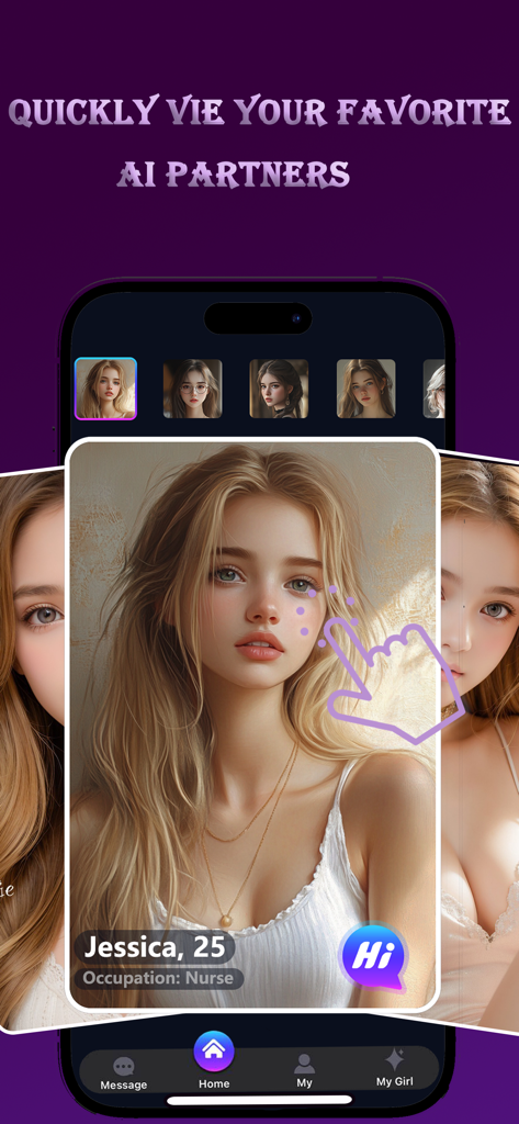 Hilii app interface displaying various AI companion profiles for selection.