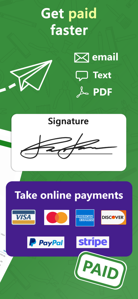 GetCost app interface showing online payment options and digital signature feature for contractors