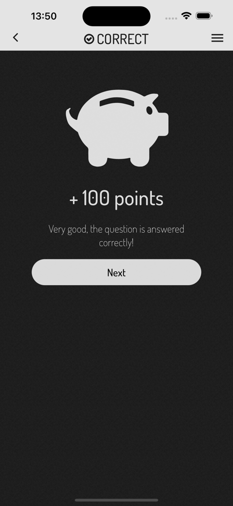 Actionbound - Actionbound app success screen with 100 points and piggy bank icon