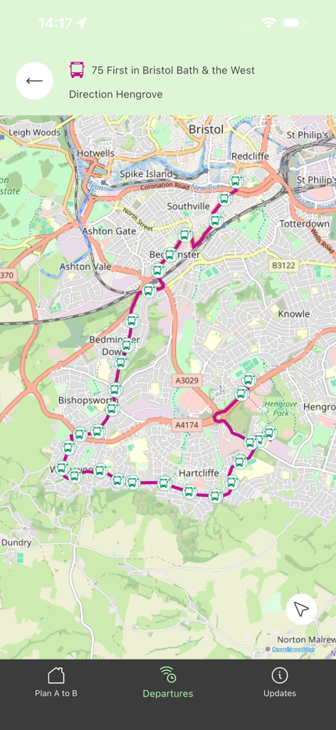 Map showing a bus route and live stop locations in Bristol on the Traveline South West app.