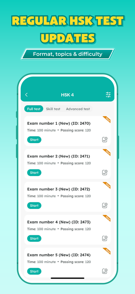 Chinese HSK Learn&Test: Migii - Migiiアプリの画面。更新されたHSK 4模擬試験と練習テストのリストを表示。