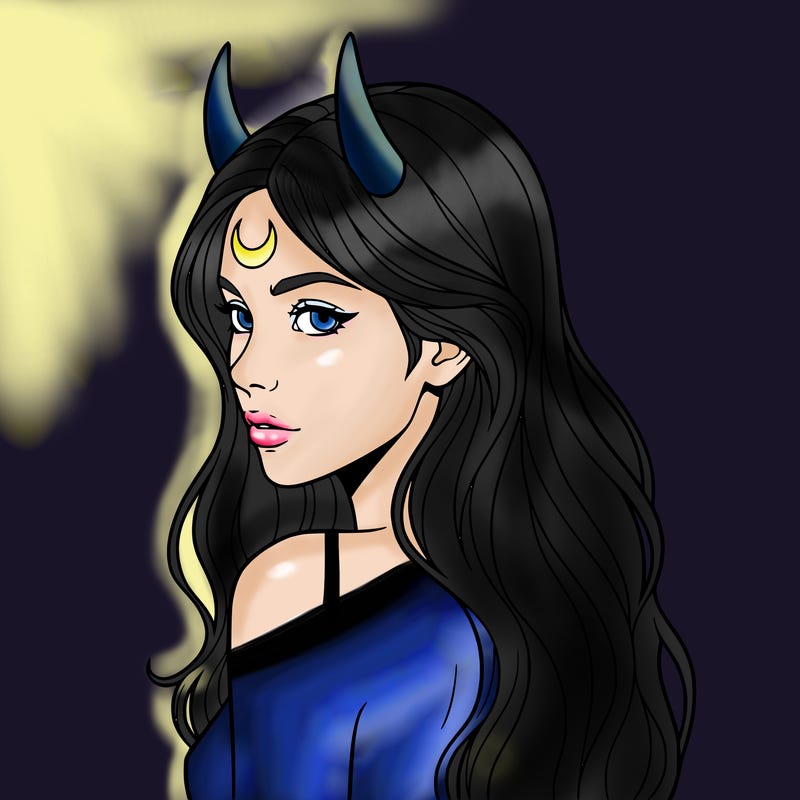devil girl 
long hair
crescent moon on forehead 
horns