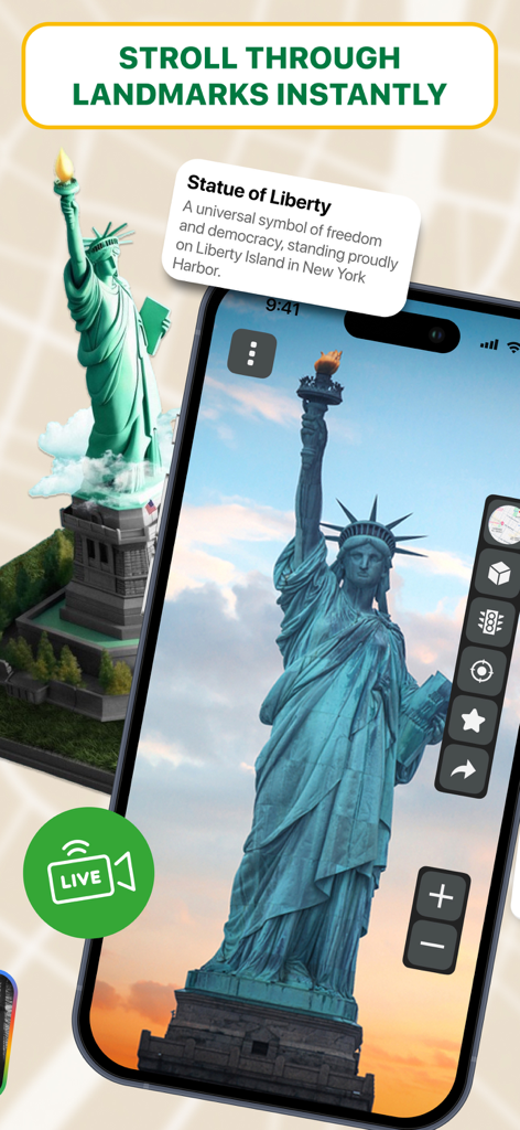 Tela do smartphone mostrando um tour virtual de 360 graus da Estátua da Liberdade com um cartão de informações
