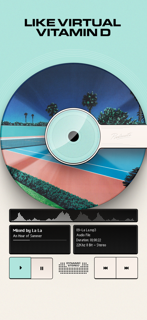 Interface do reprodutor de música Poolsuite FM com estética retrô de verão e controles de reprodução