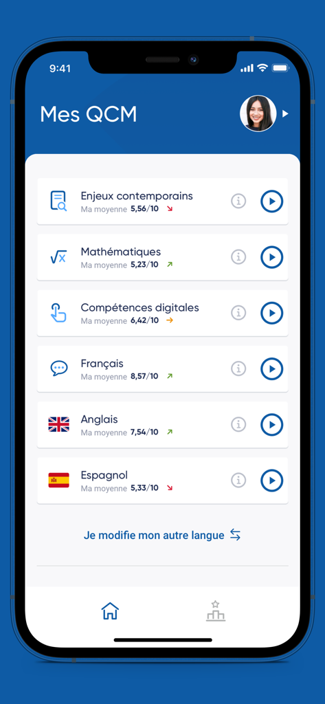 Concours SESAME 2026 - Tableau de bord de l'application Concours SESAME 2026 montrant les scores des questions à choix multiples et les progrès pour diverses matières