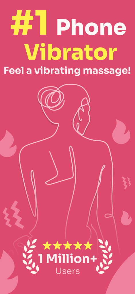 Vibrator: Strong Vibration App - Tela promocional do aplicativo Vibrador de Celular Número 1 mostrando contorno do corpo feminino e prova social de mais de 1 milhão de usuários