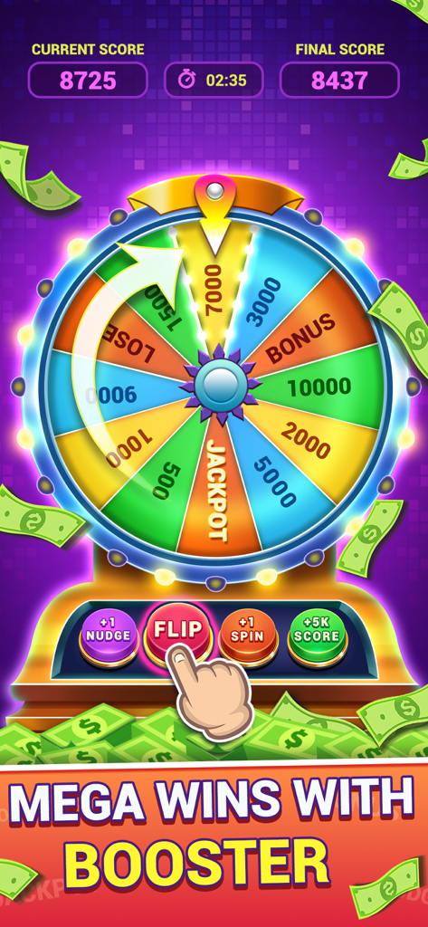 Spin Wheel: Win Real Money - Gameplay screenshot of the Spin Wheel app showing a prize wheel and power up boosters.