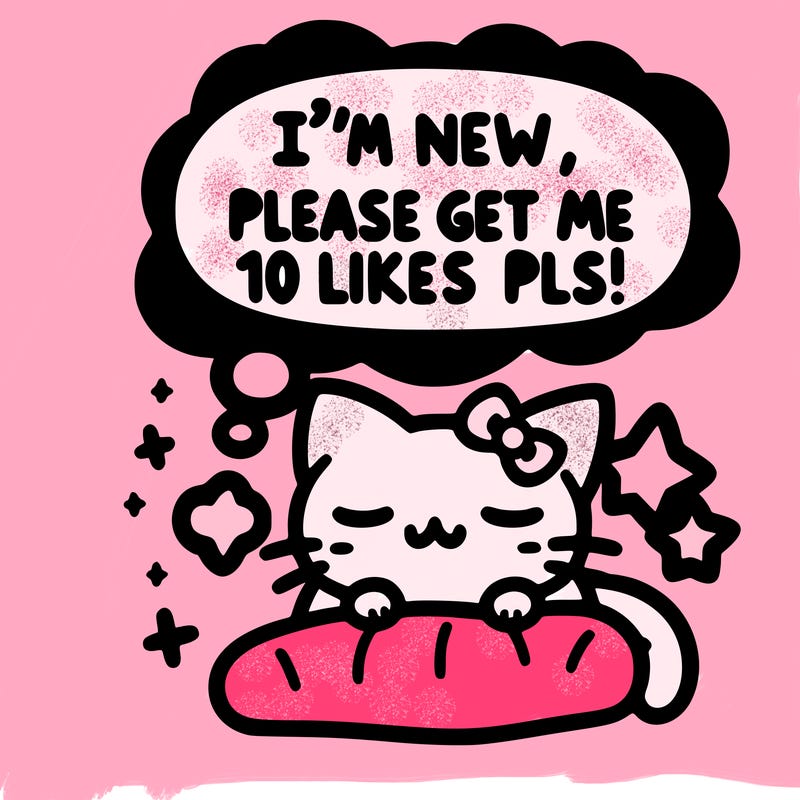 kitty taking a nap dream talking and saying "i'm new, please get me at least 10 likes pls!!"