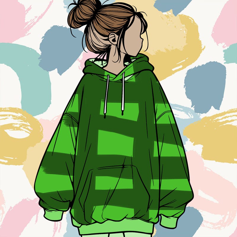 realistic girl with a oversized sweatshirt on and a bun