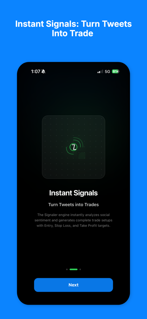 Traders AI- Charts & X Tracker - Traders AIアプリ画面、シグナルエンジンがソーシャルメディアツイートをエントリーとストップロスポイントを備えたトレードセットアップに変換する方法を説明