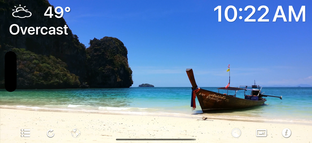 Vídeo de relajación Ultra HD de una playa tropical en Tailandia con un barco tradicional y widgets meteorológicos