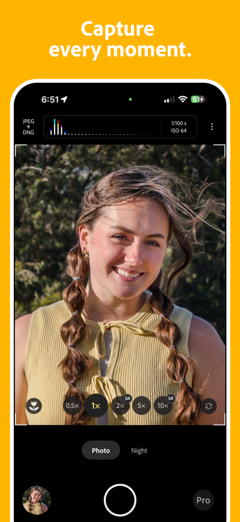 Adobe Project Indigo camera app interface showing professional manual controls and a portrait shot