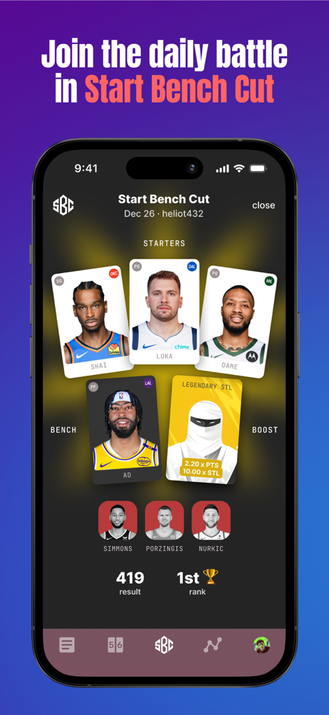 ClutchPoints - NBA, NFL, MLB - Start Bench Cut daily sports battle interface on the ClutchPoints app featuring NBA player cards