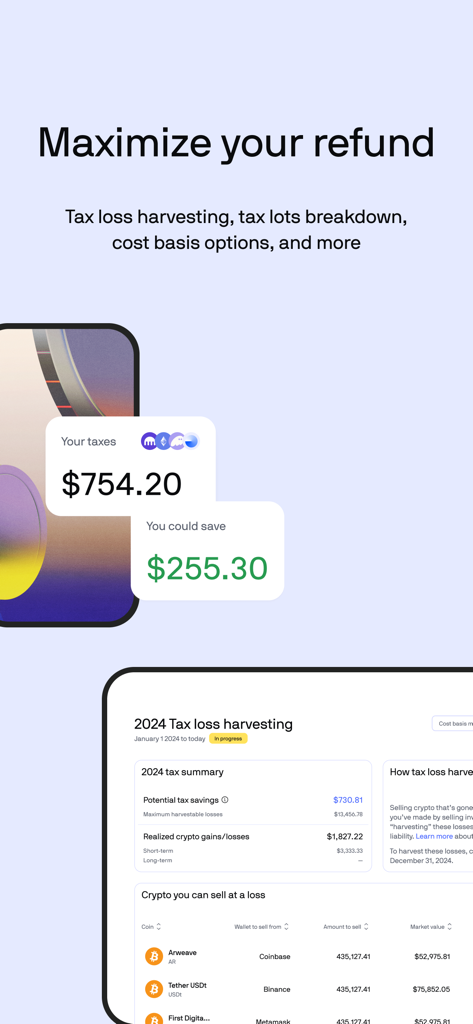 CoinTracker: Portfolio & Taxes - CoinTracker dashboard showing crypto tax loss harvesting and potential tax savings to maximize refunds.