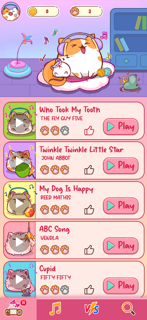 Song selection menu in the Piano Cat Tiles app featuring cute cat illustrations and a list of playable music tracks