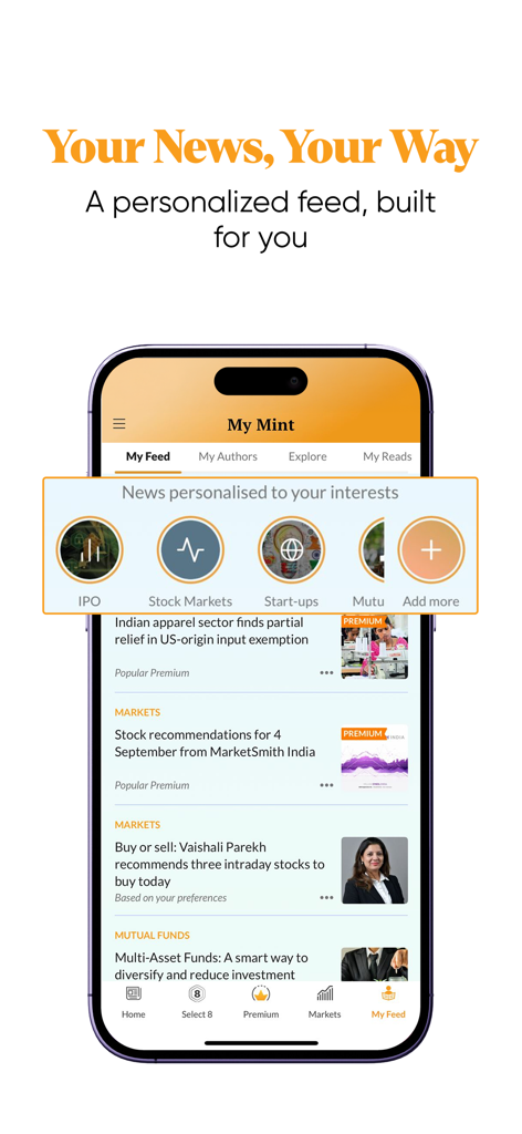 Feed de notícias financeiras personalizadas no aplicativo Mint mostrando categorias como IPO e mercados de ações.
