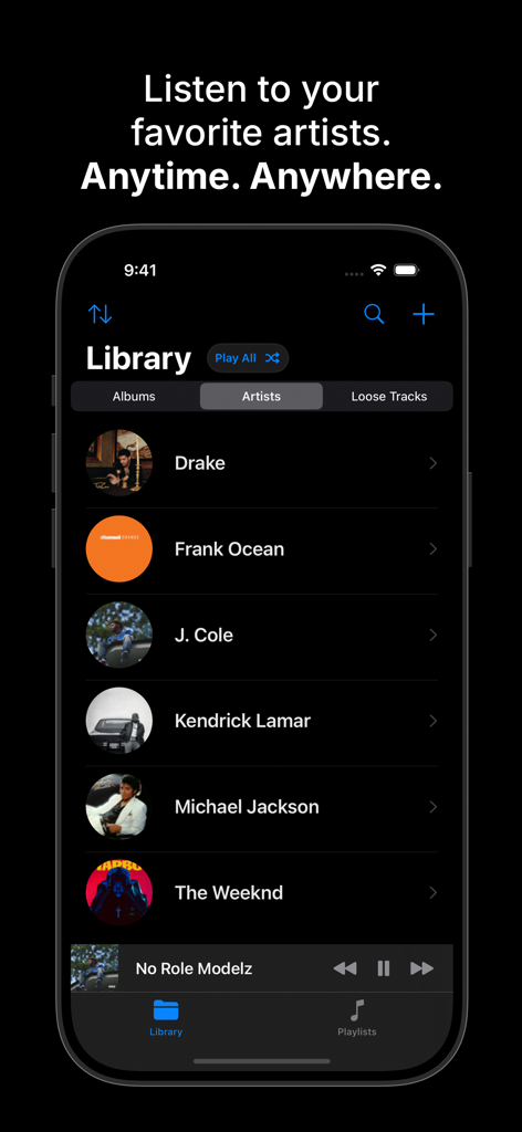 Sonora - Offline Music Player - Sonora app library screen showing a list of music artists for offline playback.