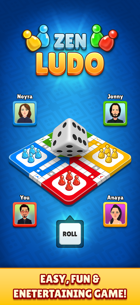 Zen Ludo - Interfaz de la aplicación móvil Zen Ludo mostrando un juego de mesa en 3D con cuatro avatares de jugador y un dado grande