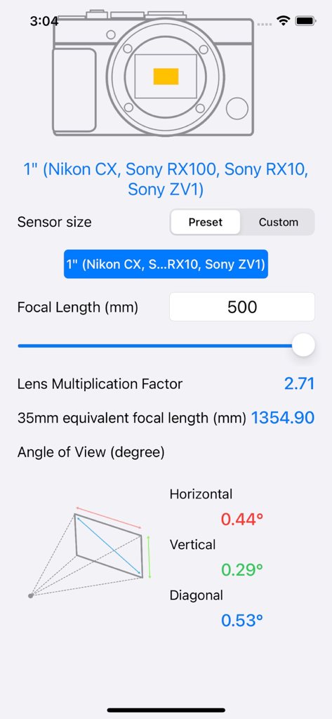 カメラセンサーのクロップファクターと画角の結果を表示する焦点距離計算機アプリのインターフェイス