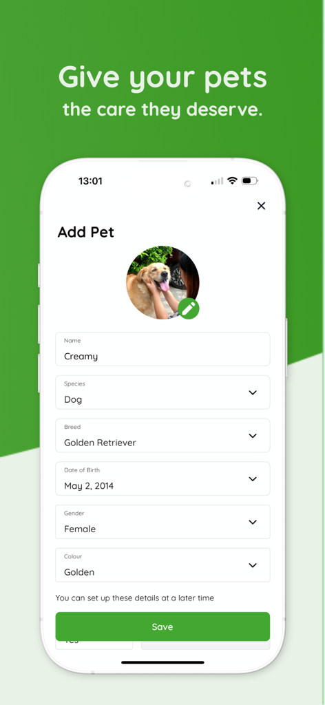 That Pet App - Health Tracker - Interface do aplicativo móvel mostrando o formulário Adicionar Pet com detalhes de perfil para um Golden Retriever chamado Creamy