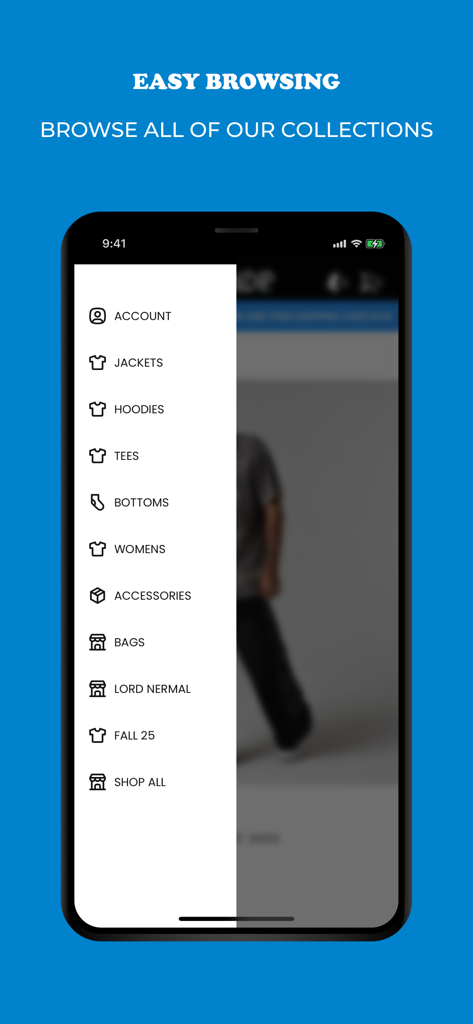 RIPNDIP - Mobile app screenshot showing the RIPNDIP side navigation menu with streetwear categories like hoodies, tees, and Lord Nermal collections.