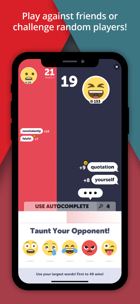 BattleText - Chat Battles - A real-time multiplayer word battle interface in BattleText showing chat bubbles with words and emoji taunts.