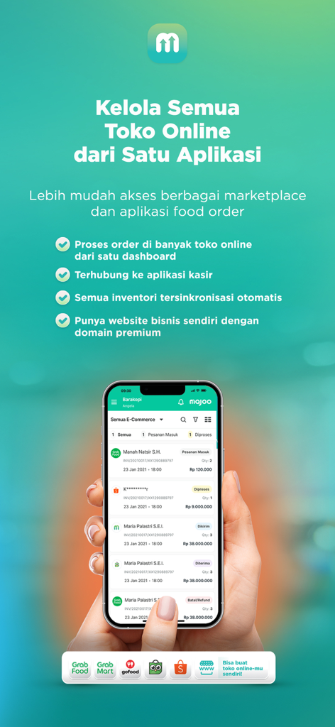 Aplikasi Kasir Wirausaha majoo - 複数のオンラインストアとフードデリバリー注文を管理するためのモバイルアプリインターフェース