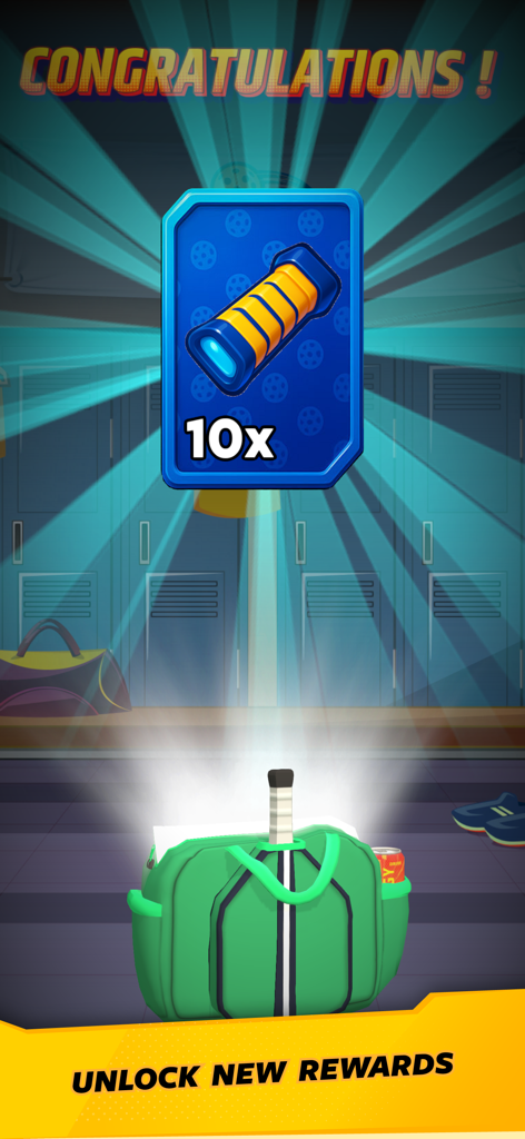 Pickleball Stars - 라커룸에서 스포츠 가방에서 아이템을 잠금 해제하는 것을 보여주는 피클볼 스타즈 앱의 축하 화면