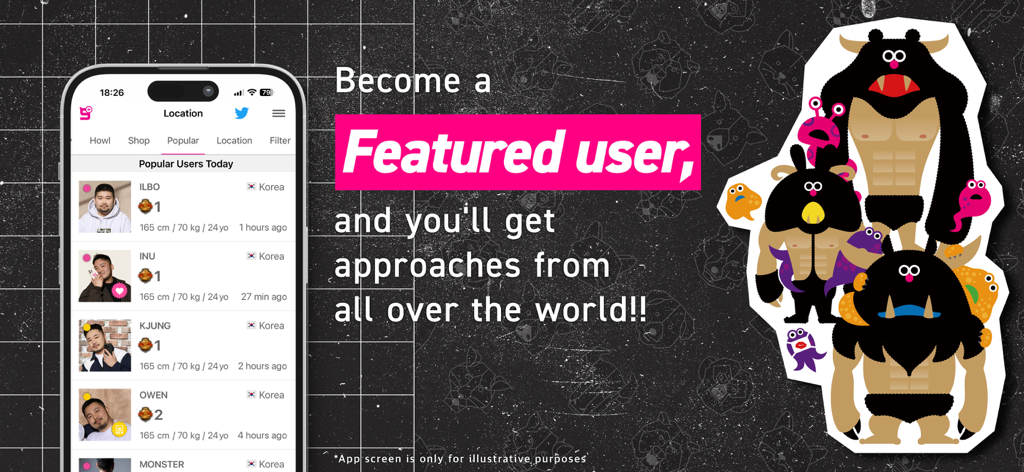 Gay 9monsters ゲイアプリfor Gay - 한국의 인기 사용자 목록과 다채로운 몬스터 캐릭터 일러스트를 보여주는 게이 9monsters 앱 인터페이스