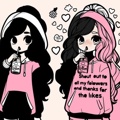 cute girl wearing a oversized hoodie drinking lemonade, long wavy high ponytail looking at a sign that says 'shout out to all my followers and thanks for the likes'