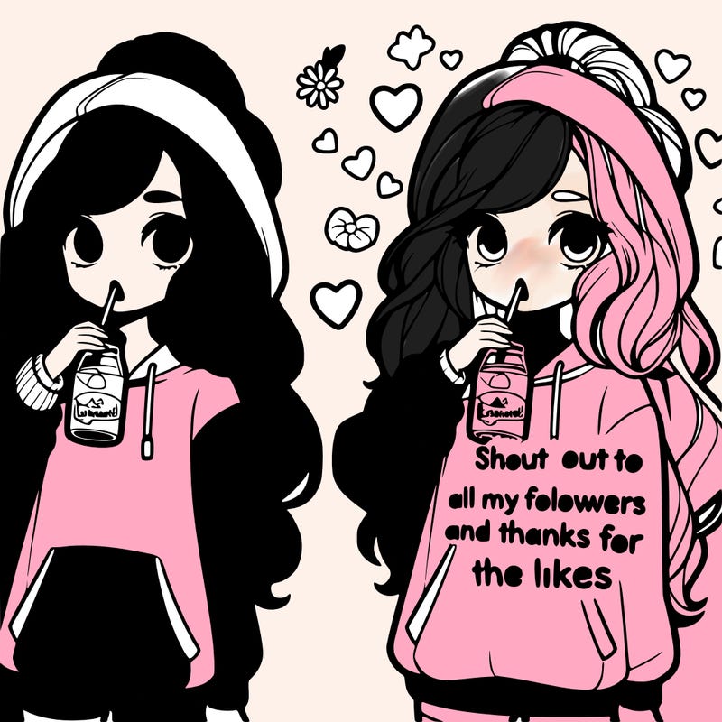 cute girl wearing a oversized hoodie drinking lemonade, long wavy high ponytail looking at a sign that says 'shout out to all my followers and thanks for the likes'