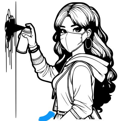 realistic girl with mask spray painting a wall