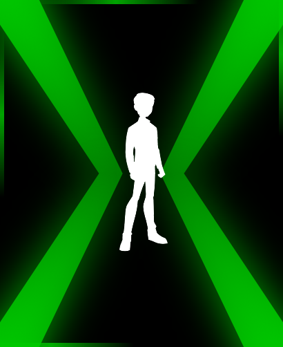 Silhueta branca de personagem em um fundo verde brilhante e preto do Omnitrix