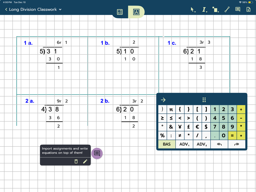Modmath - Digital math worksheet in Modmath app showing long division problems on a grid with a specialized math keypad.