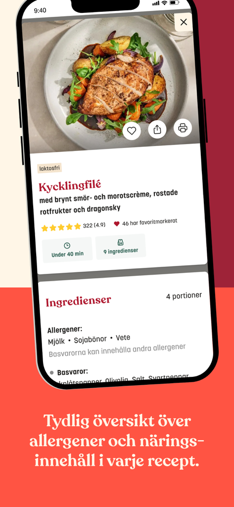 Linas Matkasse - A detailed recipe view in the Linas Matkasse app showing ingredients and allergen information for a chicken fillet dish.