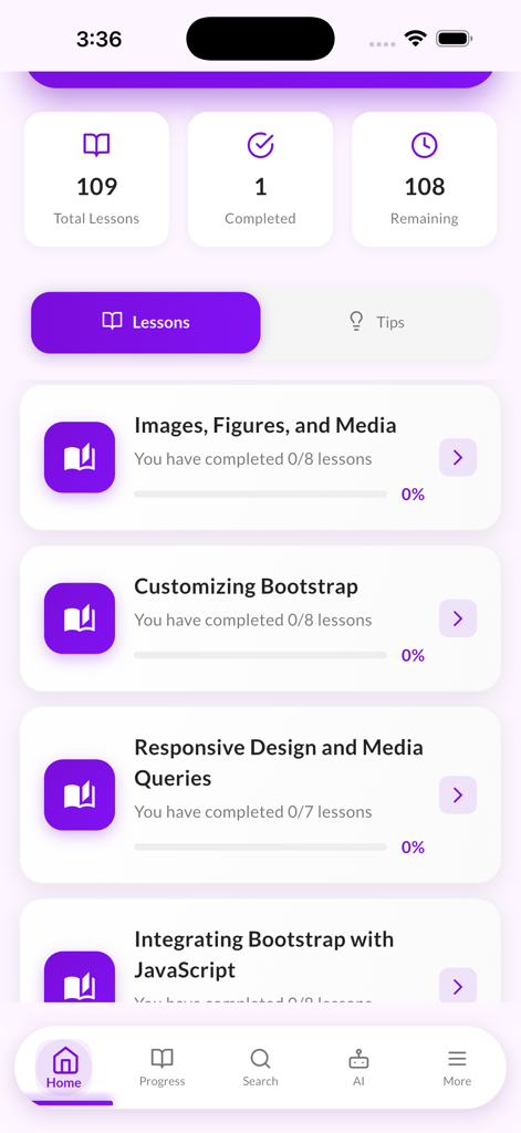 Dashboard of the Learn Bootstrap CSS Offline app showing lesson categories and completion progress