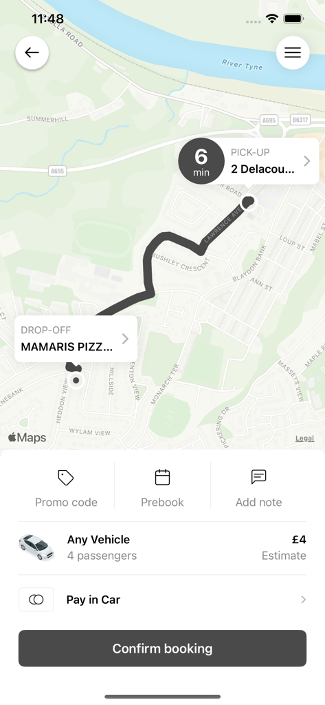 Local Taxisアプリのインターフェース。移動ルート、料金見積もり、予約確認ボタンが表示されています。