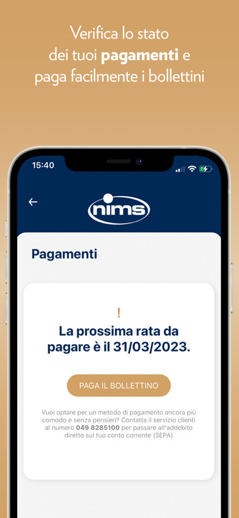 My Nims - L'interfaccia dell'app My Nims che mostra una data di scadenza del pagamento e un pulsante per pagare le bollette