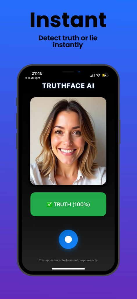 TruthFace AI: Face Analyzer - Interfaz de la aplicación móvil TruthFace AI que muestra una calificación de verdad del 100 por ciento para una mujer sonriendo
