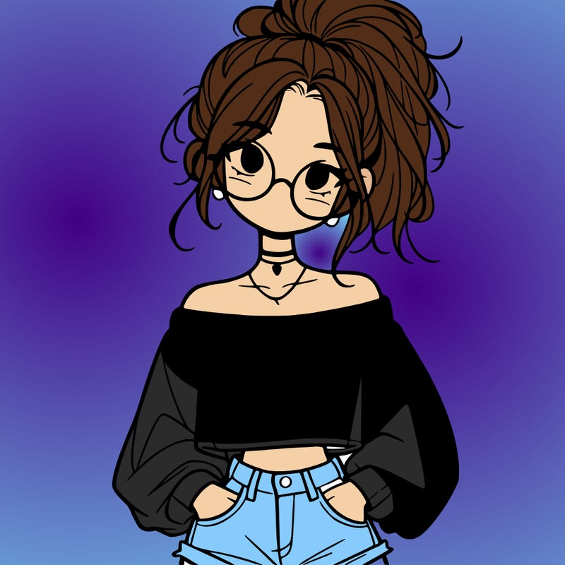 girl with a messy ponytail glasses a baggy crop top and jean shorts